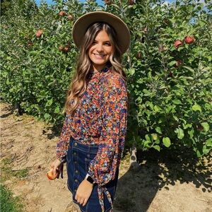 Free People Floral Mock Neck Blouse in Rust & Navy